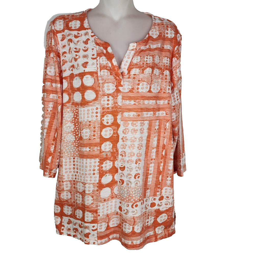 Chico's Top Tee Women Size 2 Large 3/4 Sleeve Knit V Neck Orange White Geometric